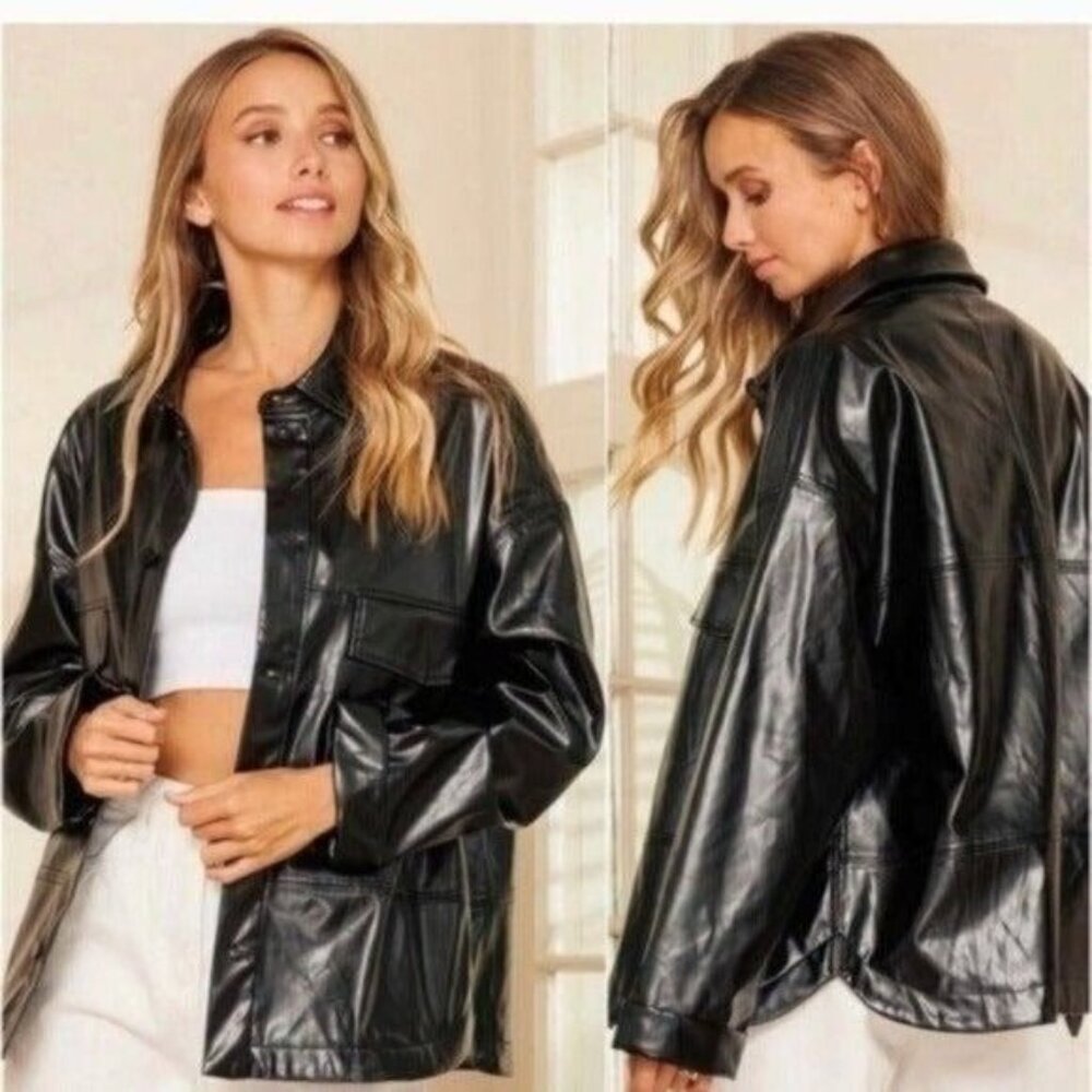 Faux Vegan PU Leather Button Down Lightweight Spring Coat/Jacket-NEW